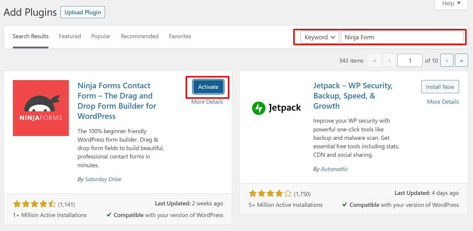 cara install ninja form WordPress 1